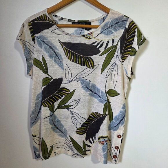 EUC TAHARI 100% LINEN SUMMER FOLIAGE PRINT CAP SLEEVES TEE SIZE SMALL - Picture 1 of 16